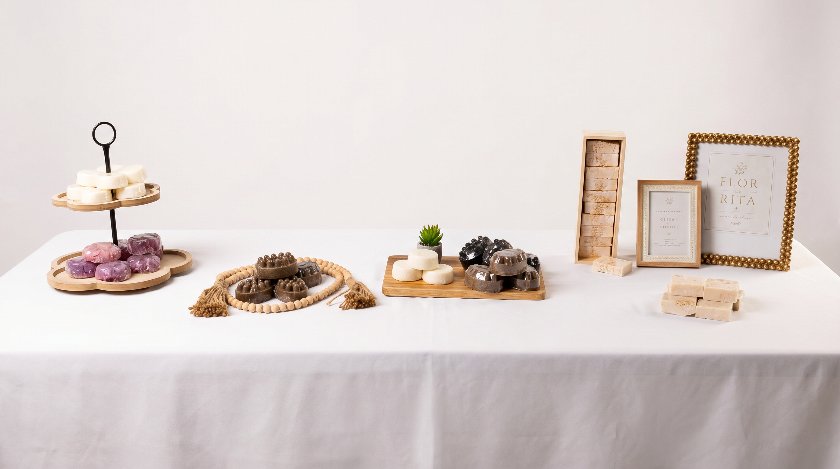 Mesa de exhibición Flor de Rita con jabones artesanales